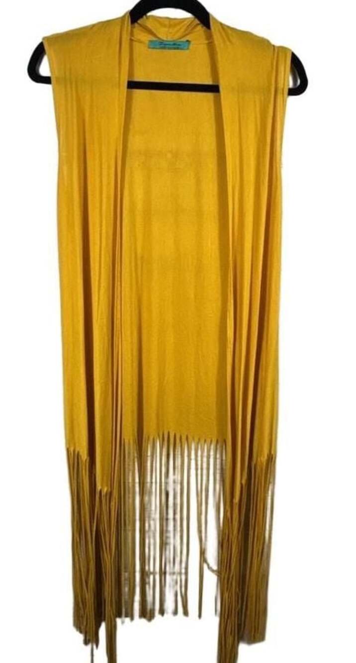 Turquoise Haven Yellow Sleeveless Long Fringe Open Front Vest